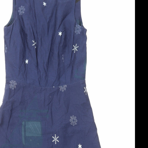 Joe Browns Womens Blue Geometric Cotton Fit & Flare Size 10 Scoop Neck Zip - Christmas Penguin Snowflakes
