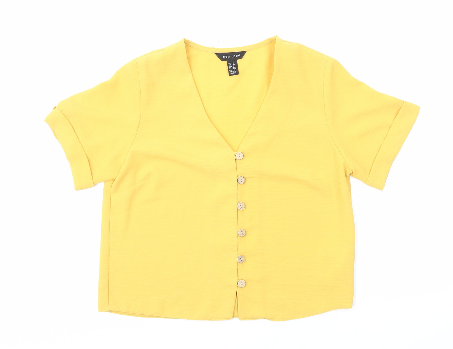 New Look Womens Yellow Polyester Basic Button-Up Size 8 V-Neck