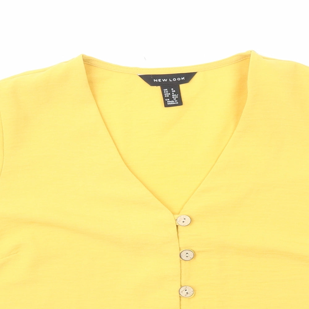 New Look Womens Yellow Polyester Basic Button-Up Size 8 V-Neck