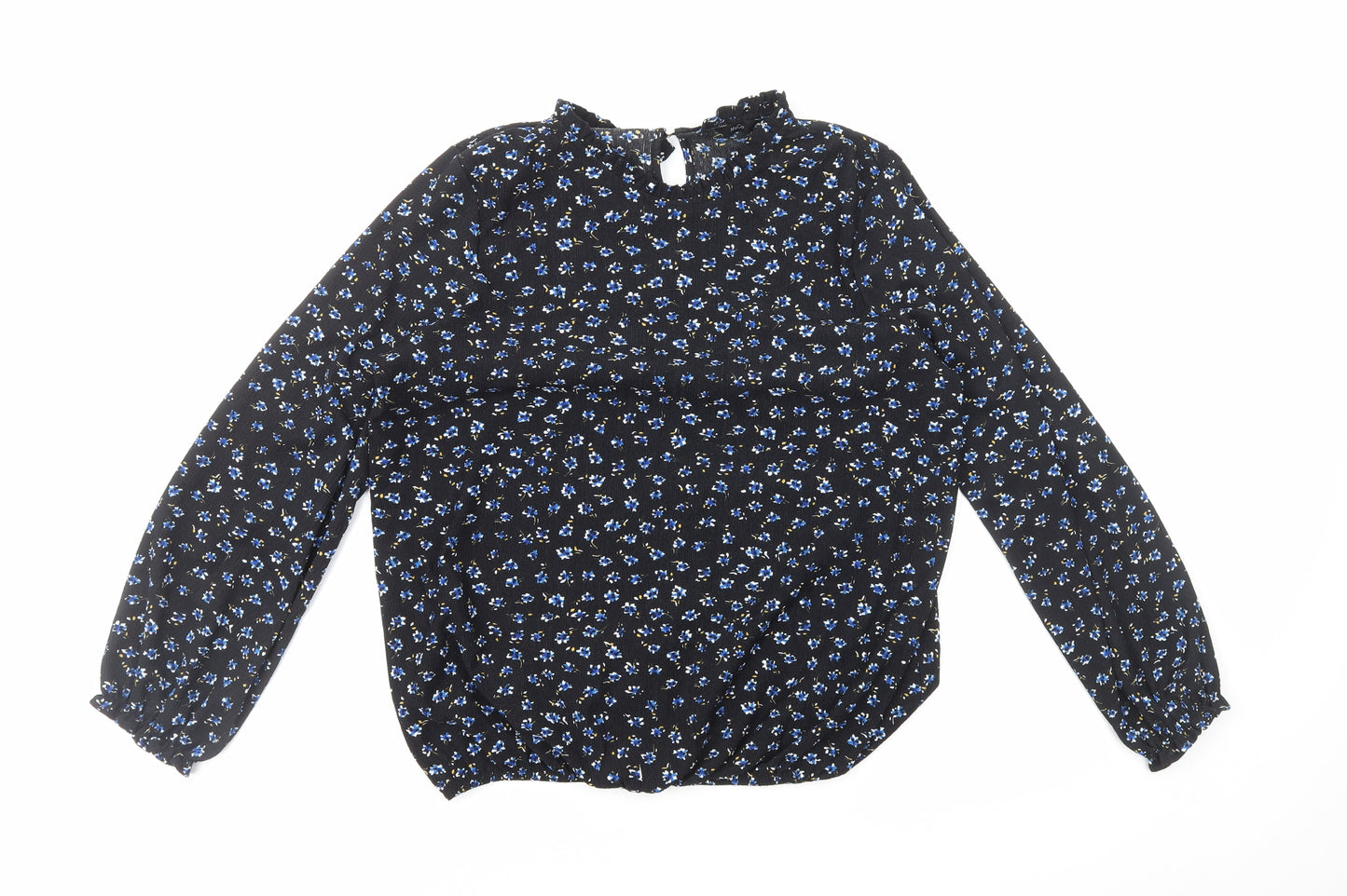 M&Co Womens Black Floral Polyester Basic Blouse Size 14 Mock Neck