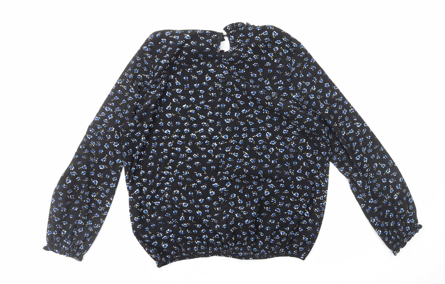 M&Co Womens Black Floral Polyester Basic Blouse Size 14 Mock Neck