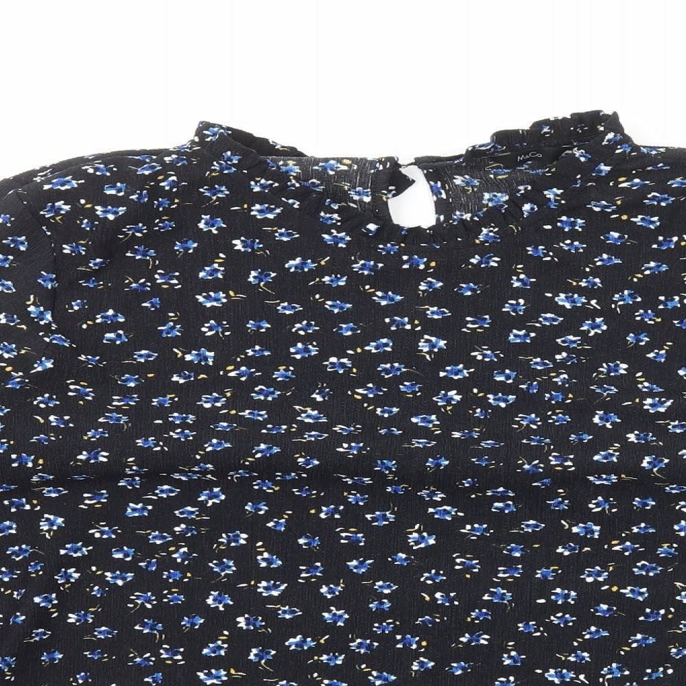 M&Co Womens Black Floral Polyester Basic Blouse Size 14 Mock Neck