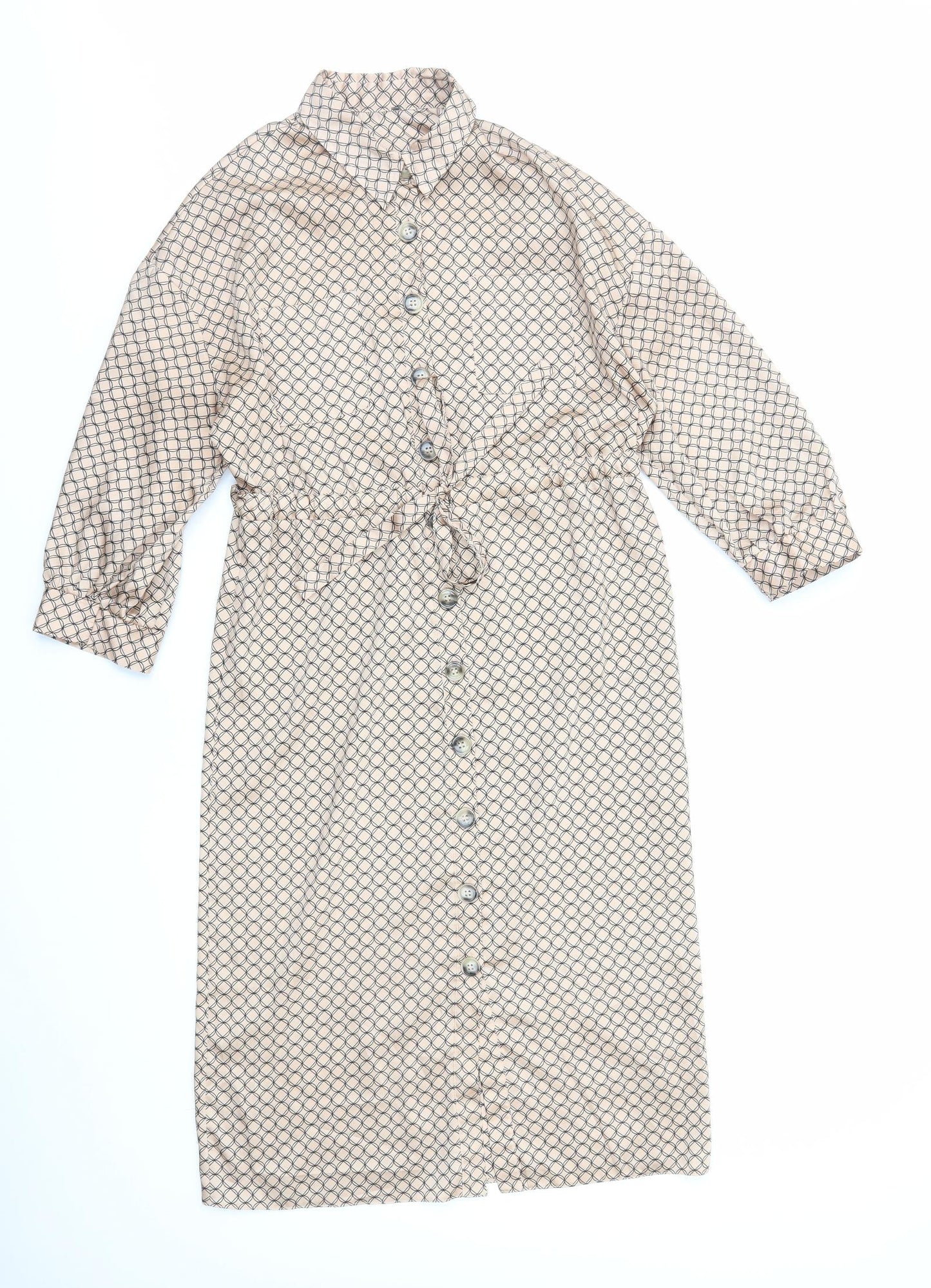 Preworn Womens Brown Geometric Polyester Shirt Dress Size 16 Collared Button