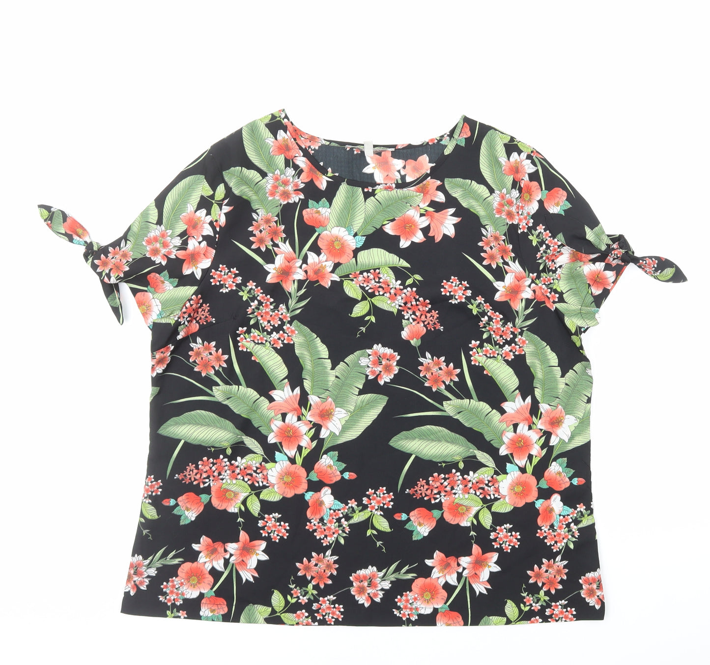 Peacocks Womens Black Floral Polyester Basic Blouse Size 16 Round Neck