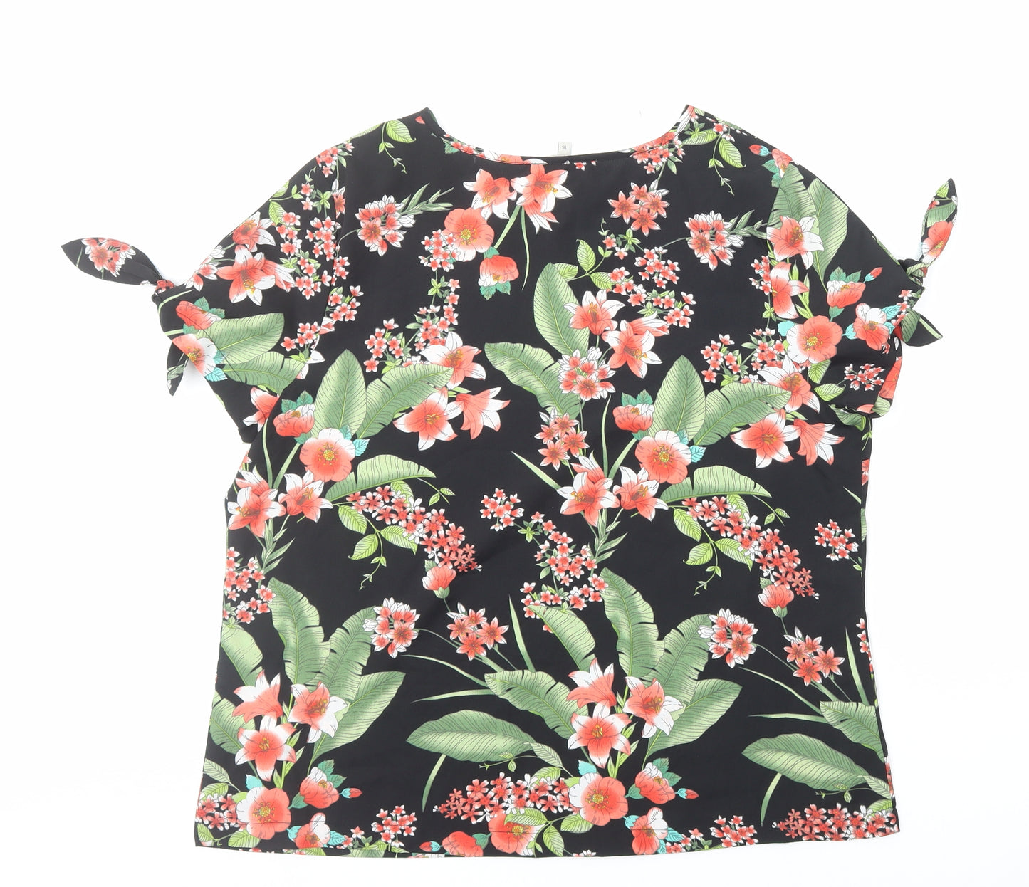 Peacocks Womens Black Floral Polyester Basic Blouse Size 16 Round Neck