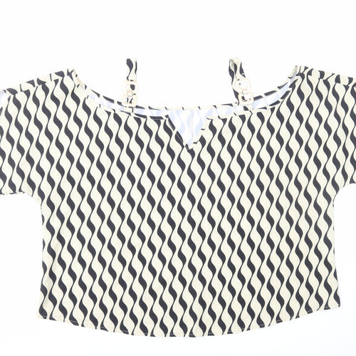 SheIn Womens Ivory Geometric Polyester Basic T-Shirt Size L Boat Neck - Cold Shoulder