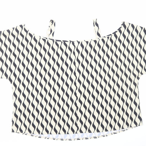 SheIn Womens Ivory Geometric Polyester Basic T-Shirt Size L Boat Neck - Cold Shoulder