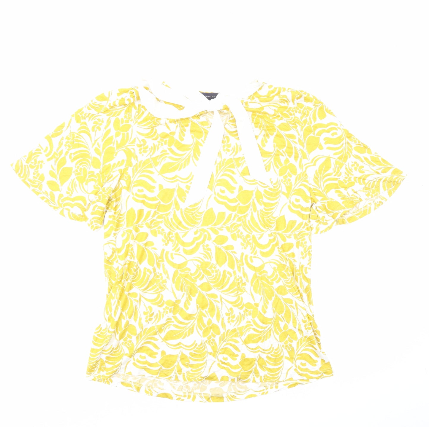 Marks and Spencer Womens Yellow Geometric Viscose Basic T-Shirt Size 14 Round Neck - Neck Tie