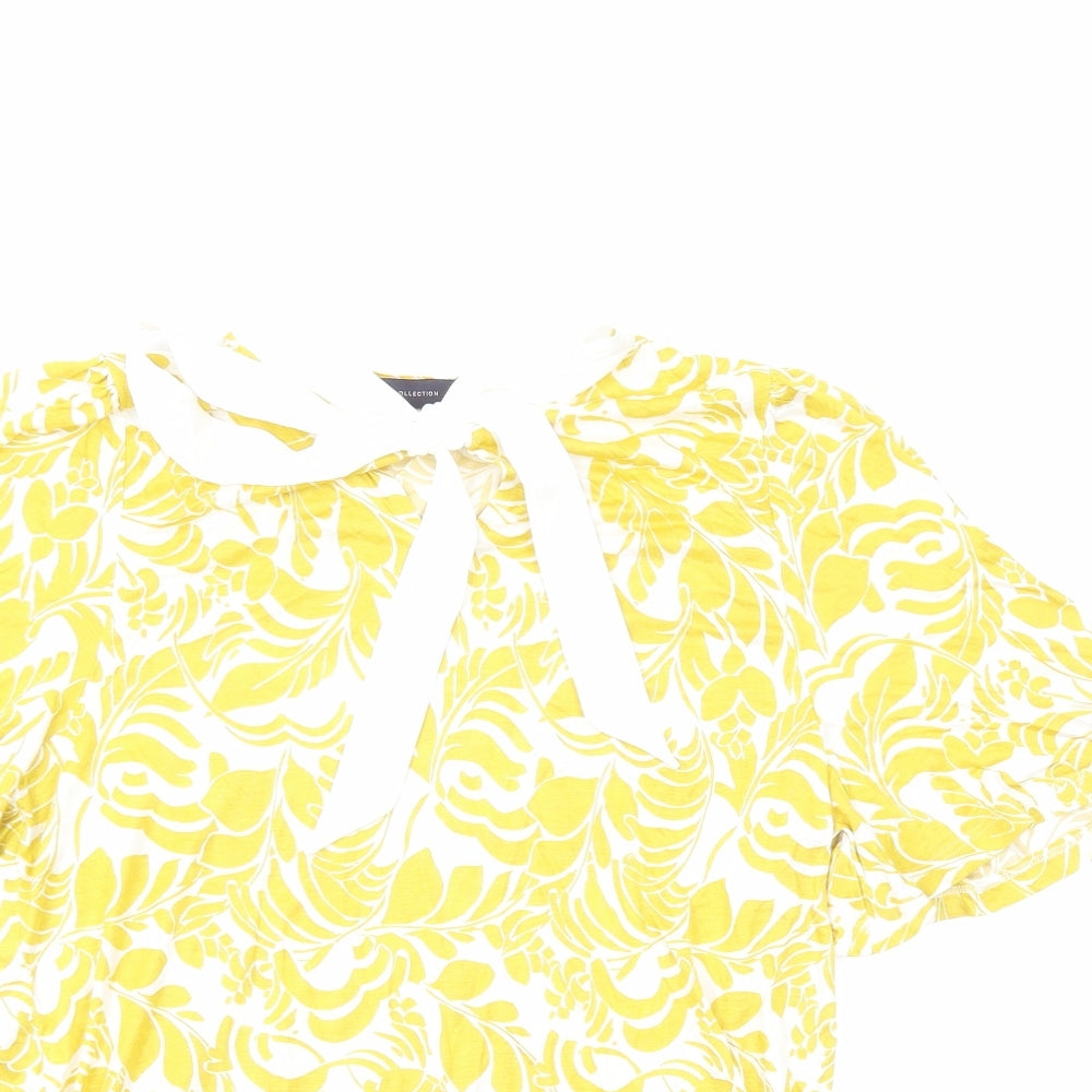 Marks and Spencer Womens Yellow Geometric Viscose Basic T-Shirt Size 14 Round Neck - Neck Tie