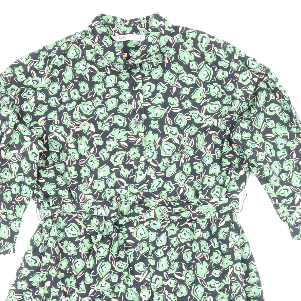 Zara Womens Multicoloured Floral 100% Cotton Shirt Dress Size S Collared Button