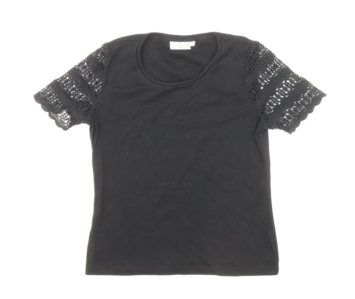 CC Womens Black Polyester Basic T-Shirt Size S Round Neck - Lace Sleeve Detail