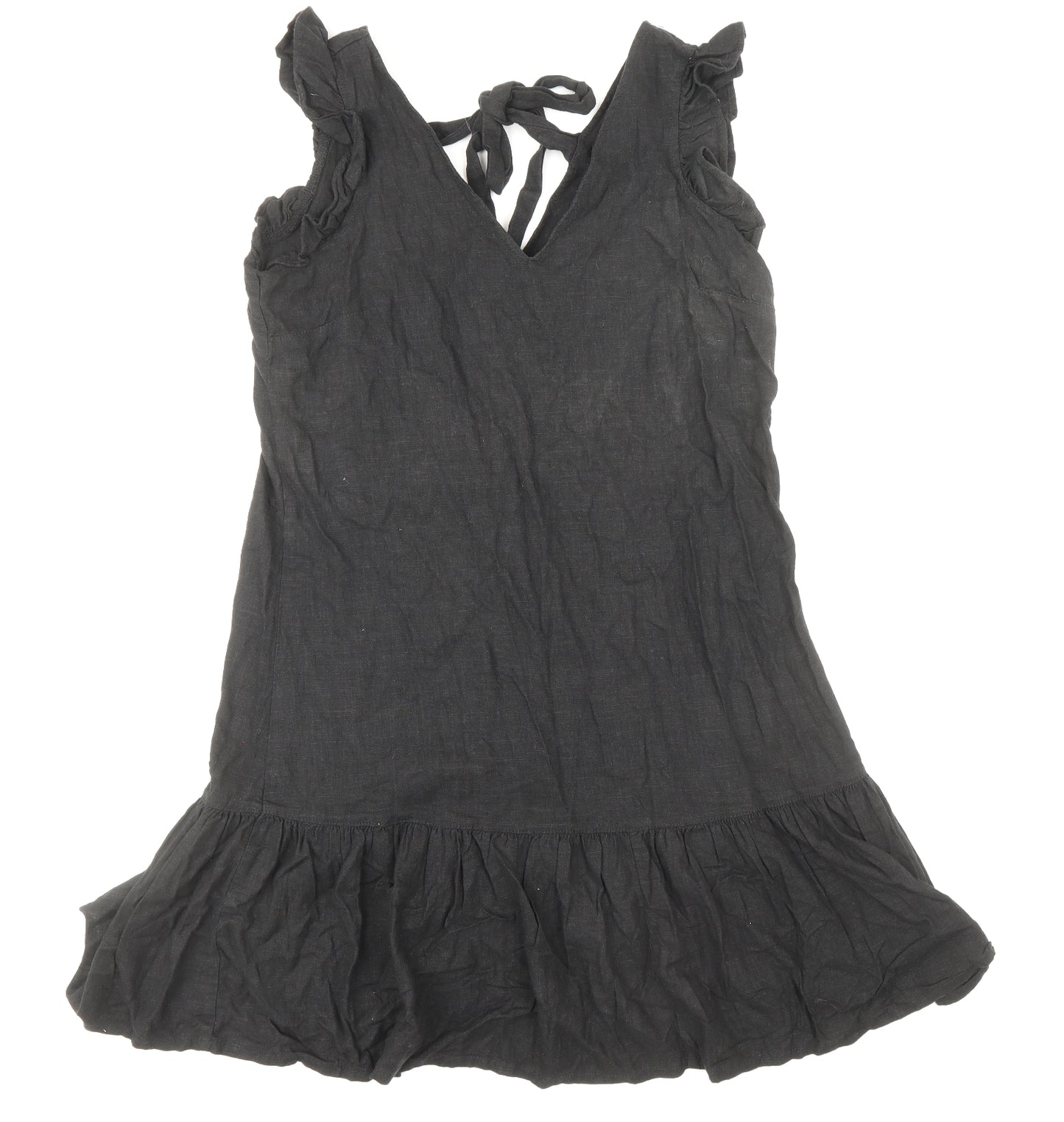NEXT Womens Black Viscose Pinafore/Dungaree Dress Size 10 V-Neck Tie