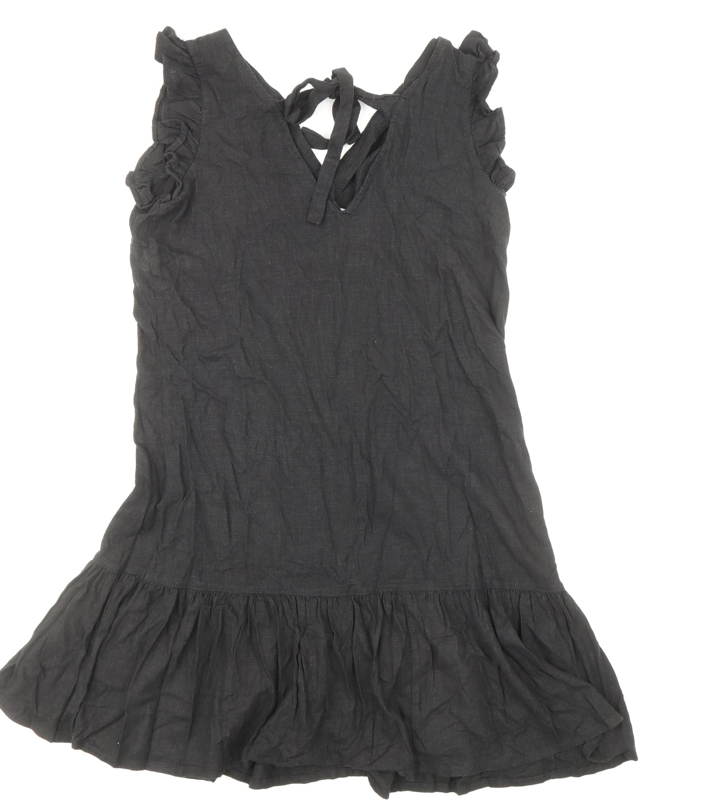 NEXT Womens Black Viscose Pinafore/Dungaree Dress Size 10 V-Neck Tie