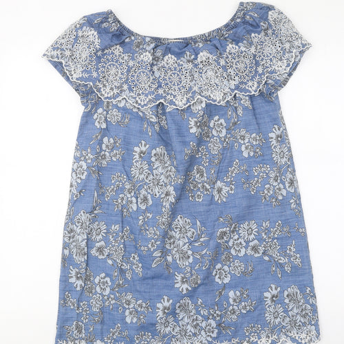 TU Womens Blue Floral 100% Cotton Mini Size 8 Off the Shoulder Pullover