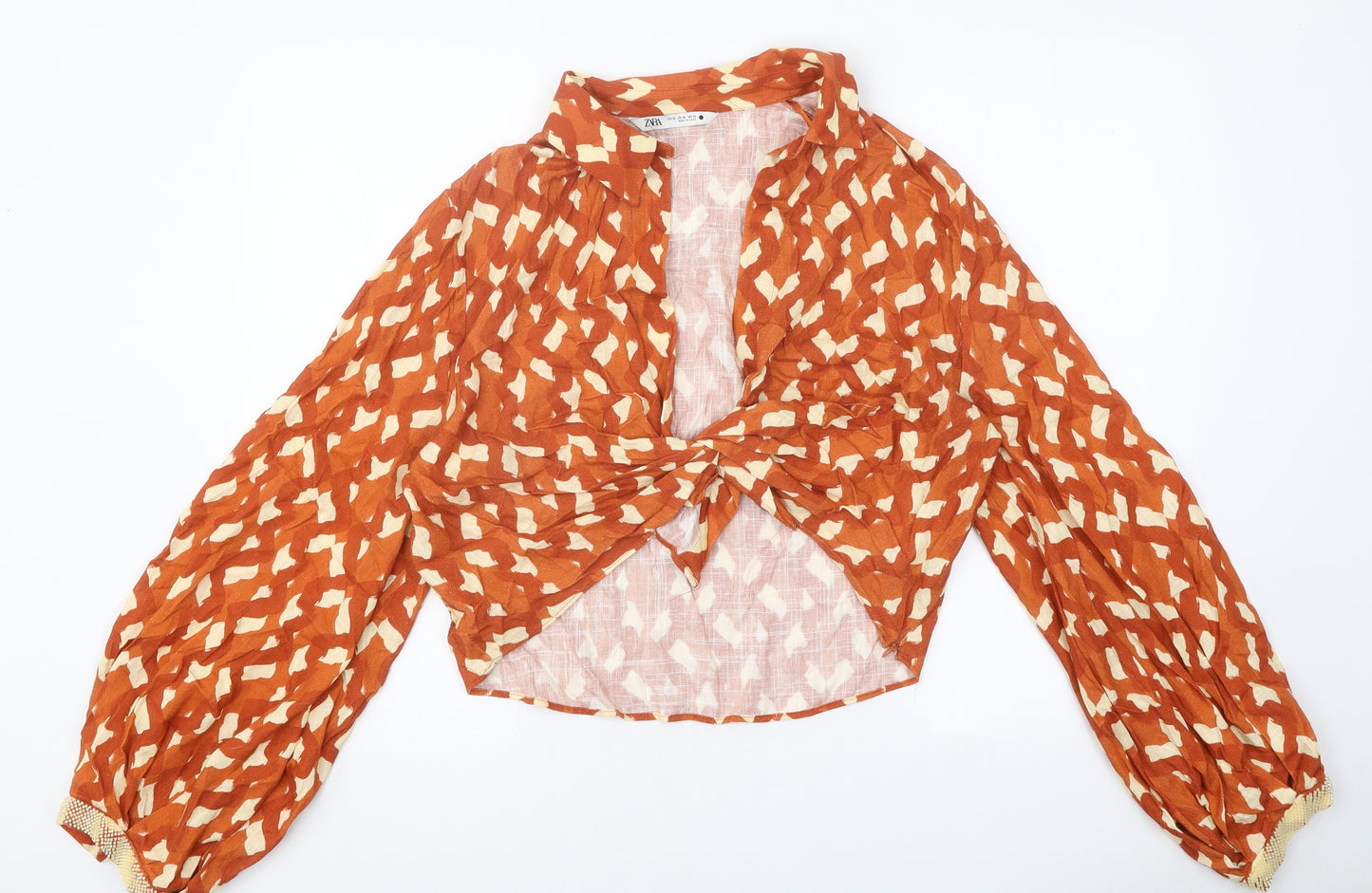 Zara Womens Brown Geometric Polyester Cropped Blouse Size XL V-Neck