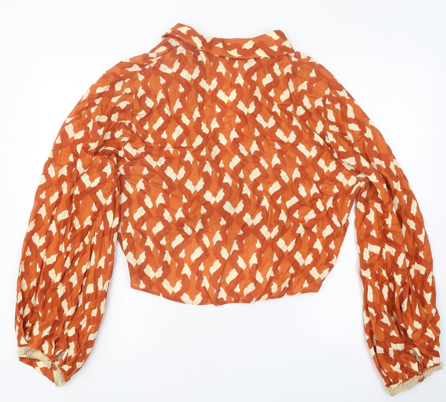Zara Womens Brown Geometric Polyester Cropped Blouse Size XL V-Neck