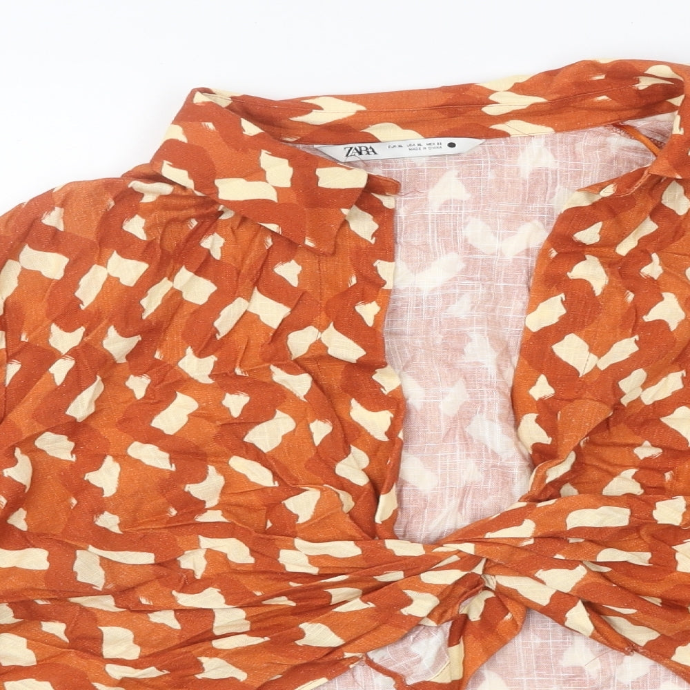 Zara Womens Brown Geometric Polyester Cropped Blouse Size XL V-Neck