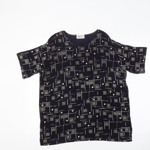 Alexa Womens Black Geometric Polyester Basic T-Shirt Size L Round Neck