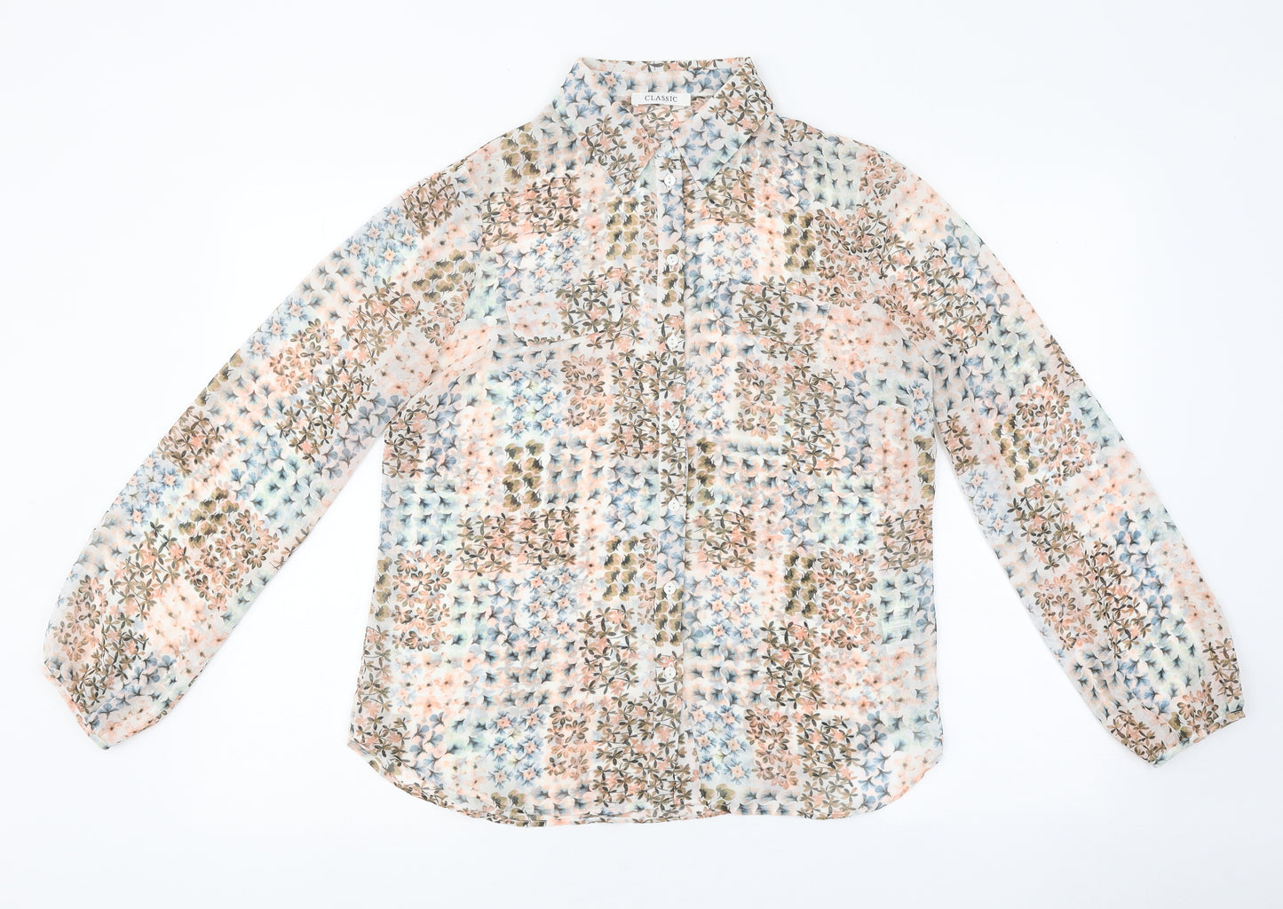 Classic Womens Multicoloured Geometric Polyester Basic Button-Up Size 10 Collared