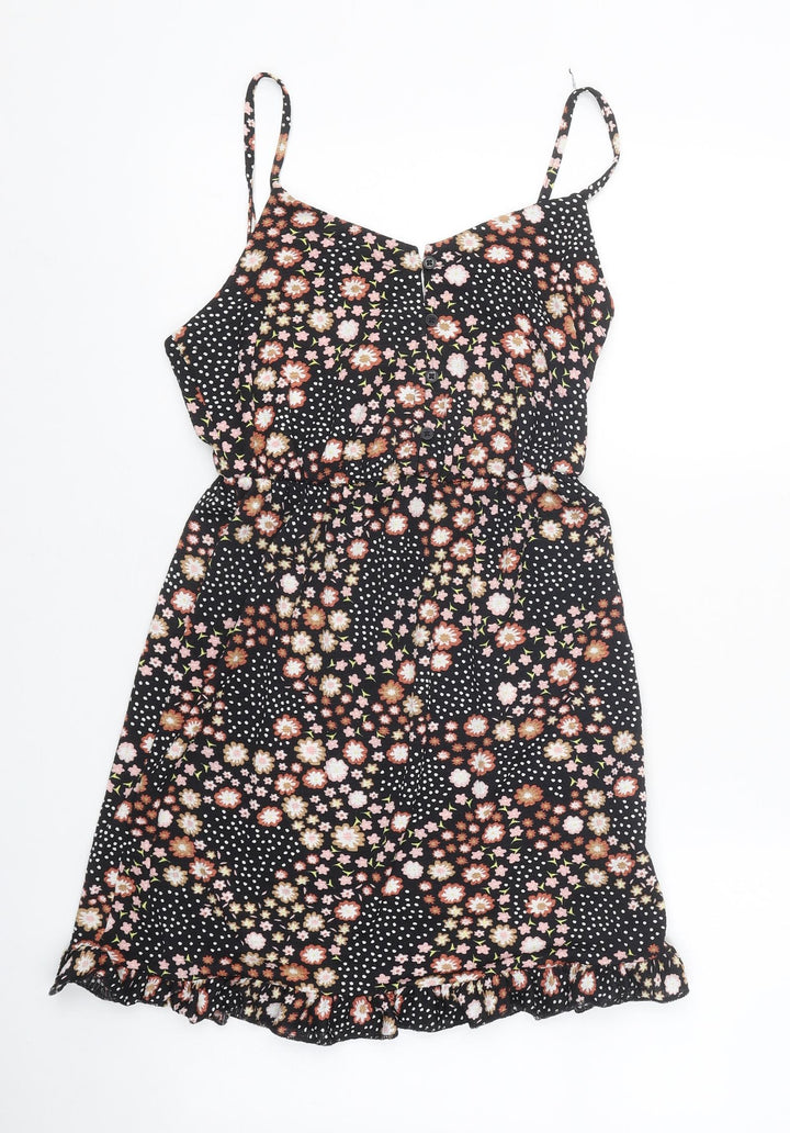 Topshop Womens Black Floral Polyester Mini Size 6 V-Neck Pullover