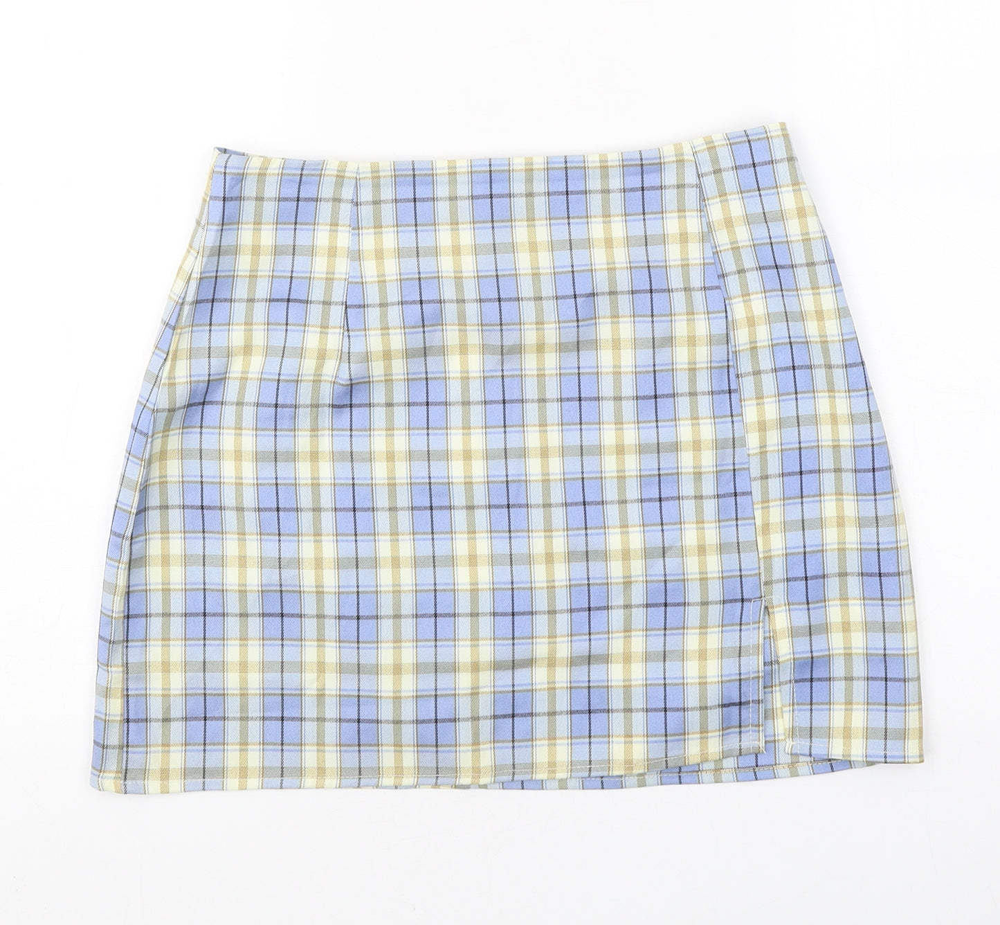 Preworn Womens Blue Plaid Polyester Mini Skirt Size 32 in Zip