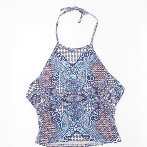 Boohoo Womens Blue Geometric Polyester Basic Tank Size 6 Halter