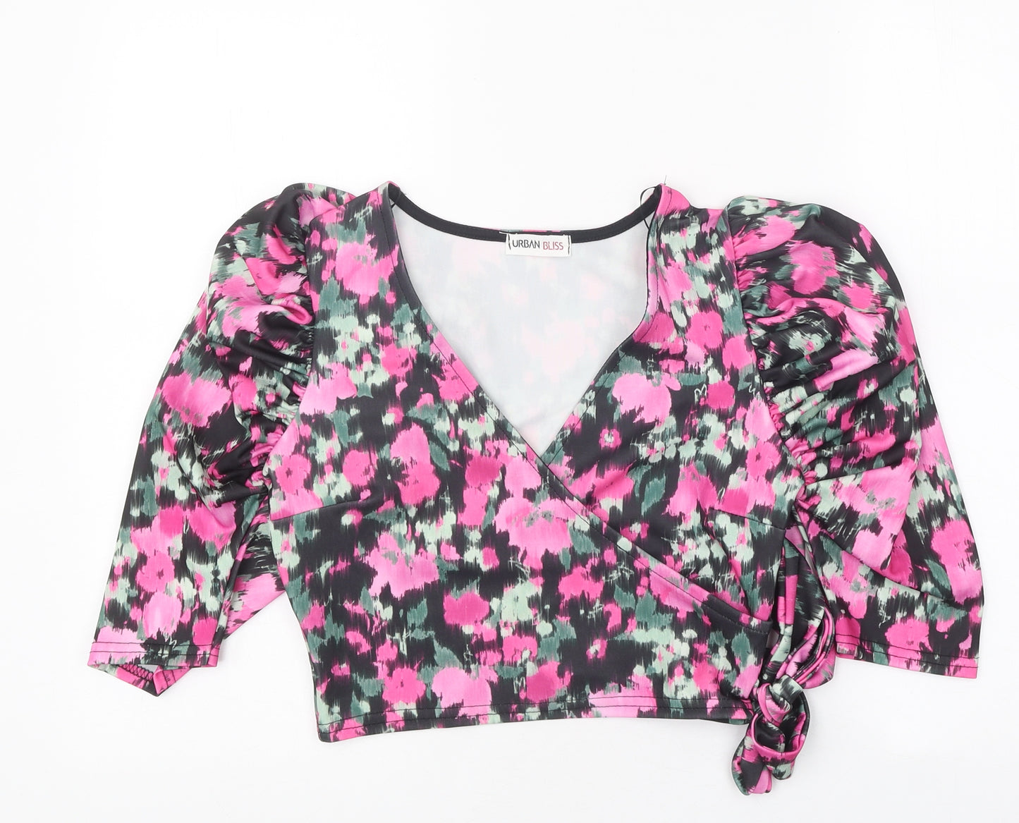 Urban Bliss Womens Black Geometric Polyester Cropped Blouse Size 8 V-Neck