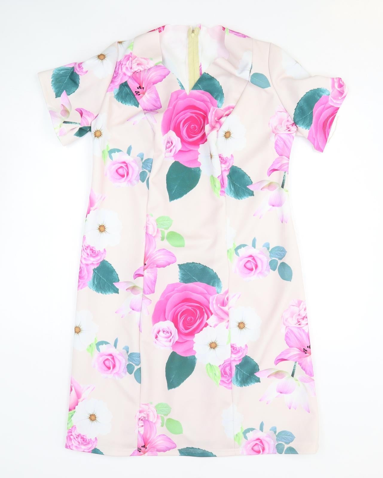 Preworn Womens Pink Floral Polyester A-Line Size M V-Neck Zip