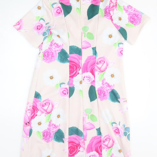 Preworn Womens Pink Floral Polyester A-Line Size M V-Neck Zip
