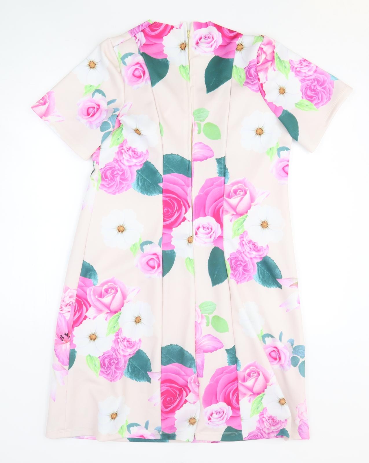 Preworn Womens Pink Floral Polyester A-Line Size M V-Neck Zip