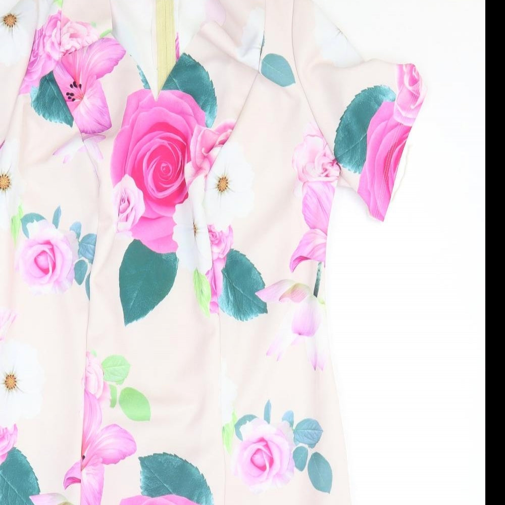 Preworn Womens Pink Floral Polyester A-Line Size M V-Neck Zip