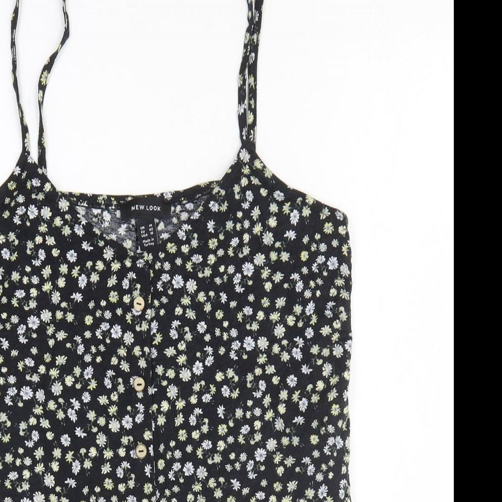 New Look Womens Black Floral Cotton Basic T-Shirt Size 14 Off the Shoulder - Tie Front