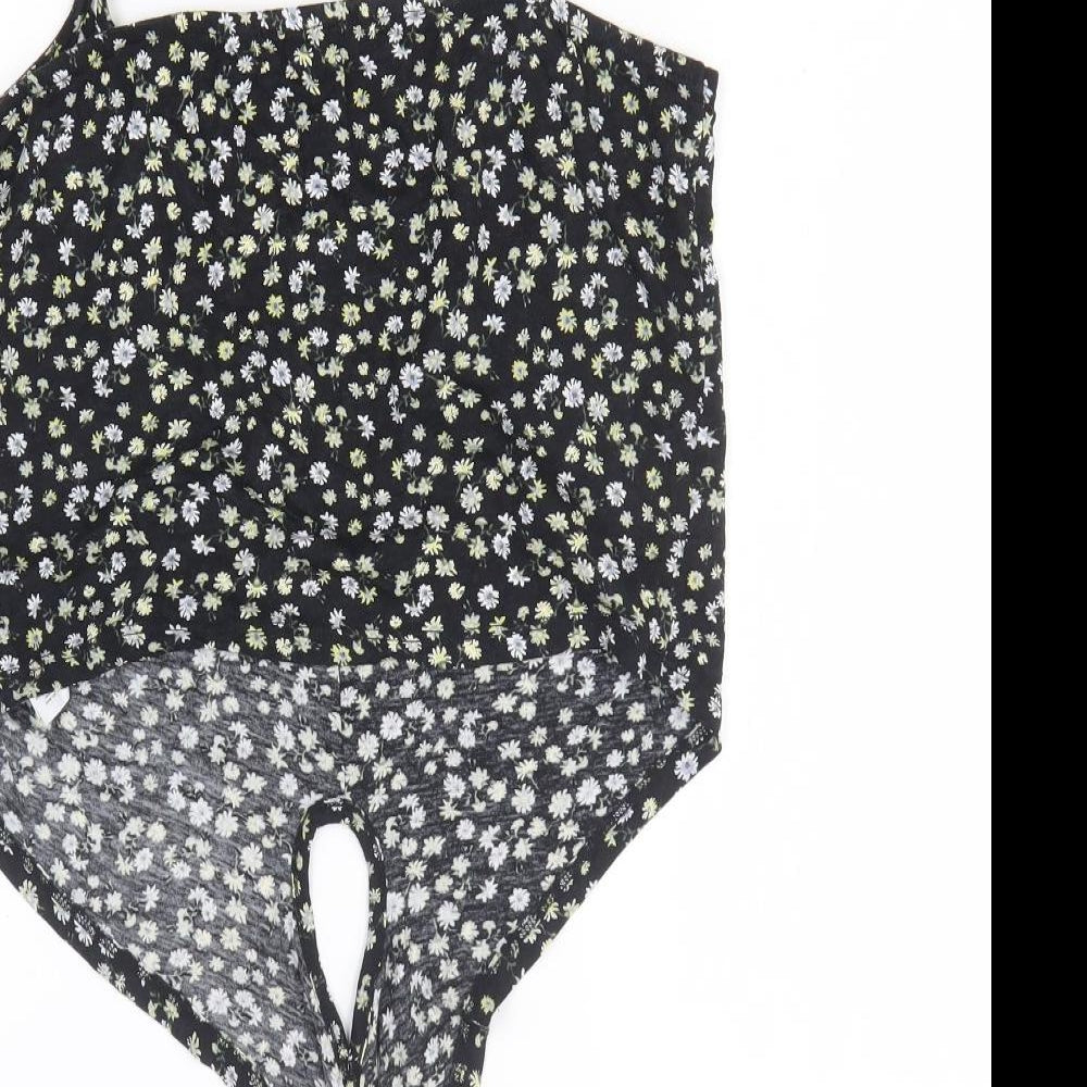 New Look Womens Black Floral Cotton Basic T-Shirt Size 14 Off the Shoulder - Tie Front