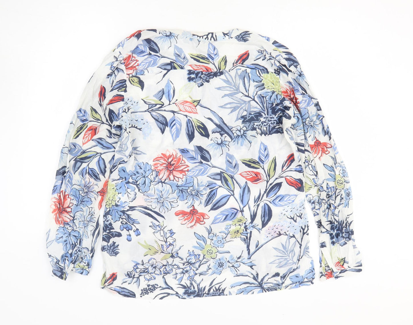 Laura Ashley Womens White Floral 100% Cotton Basic Blouse Size 14 V-Neck