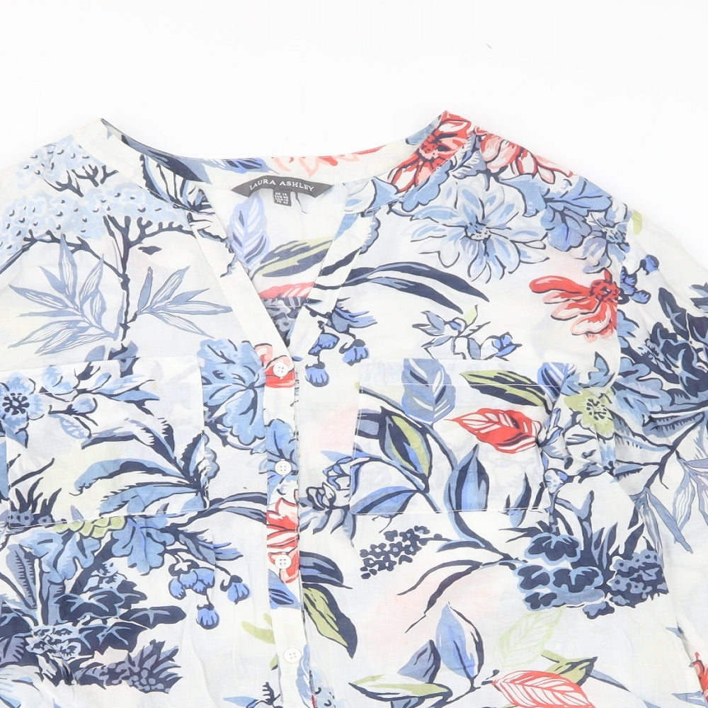 Laura Ashley Womens White Floral 100% Cotton Basic Blouse Size 14 V-Neck