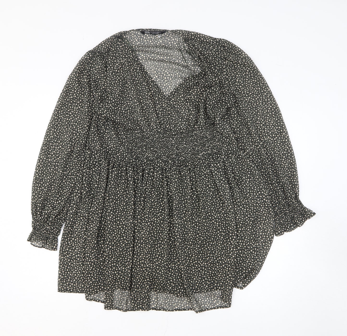 Zara Womens Green Polka Dot Polyester Fit & Flare Size M V-Neck Pullover
