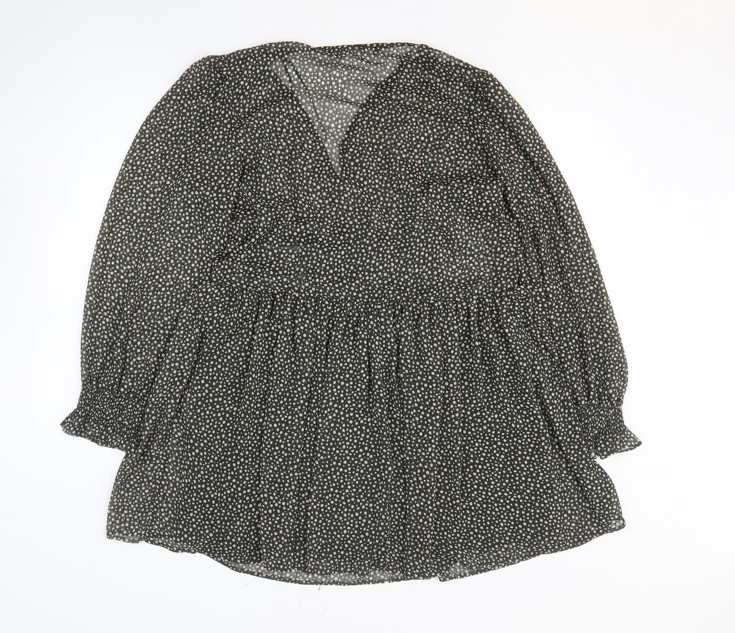 Zara Womens Green Polka Dot Polyester Fit & Flare Size M V-Neck Pullover