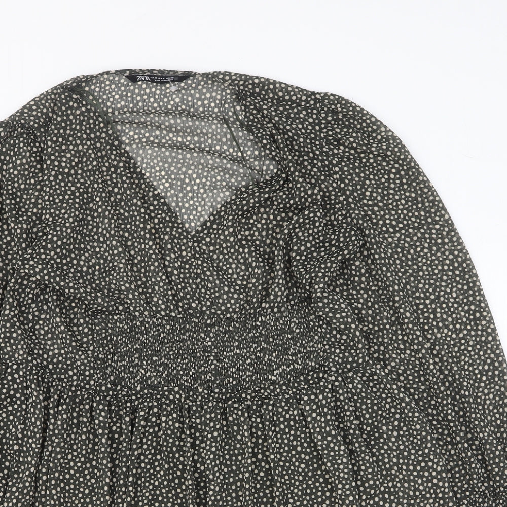 Zara Womens Green Polka Dot Polyester Fit & Flare Size M V-Neck Pullover