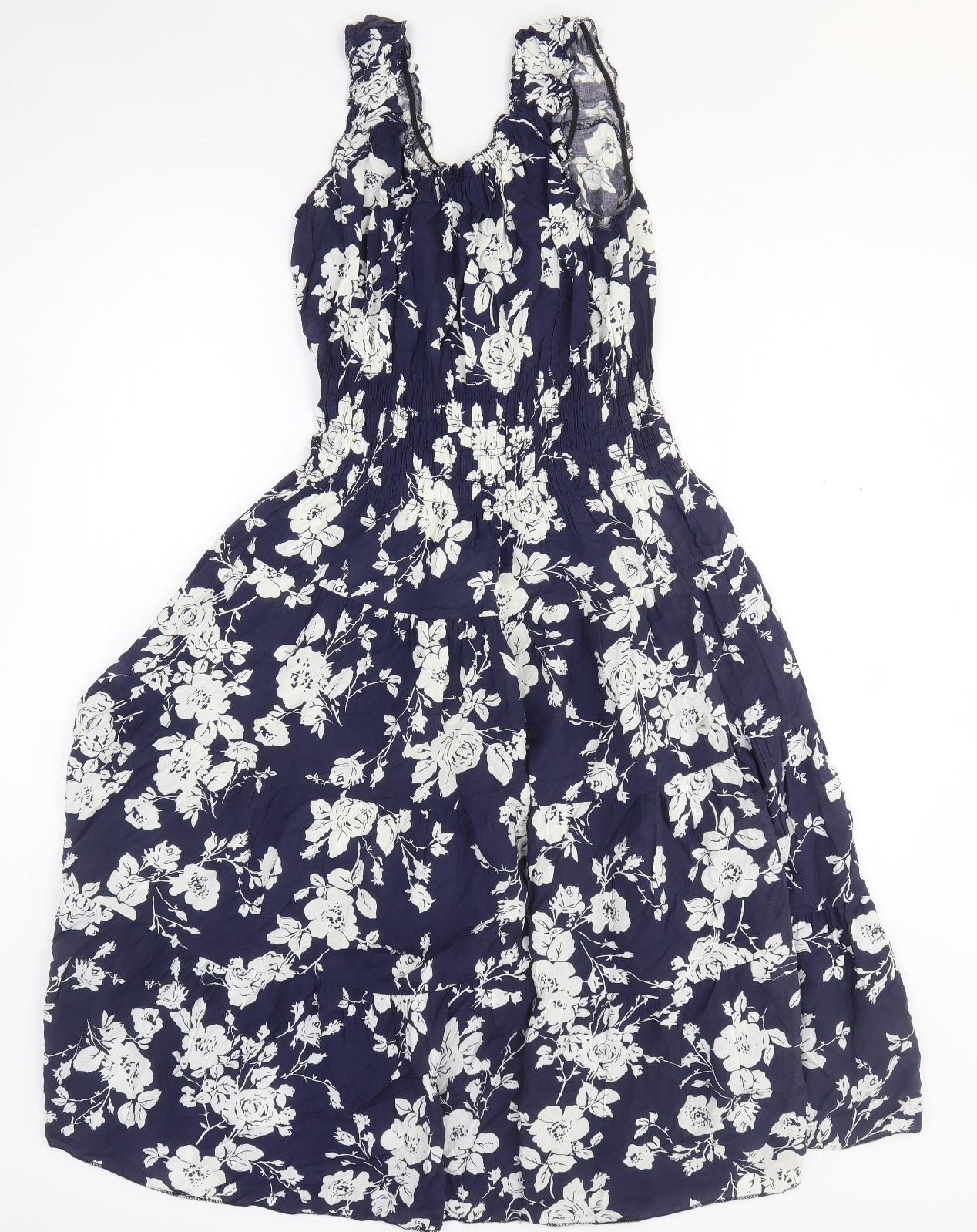 Menglu Womens Blue Floral Viscose Fit & Flare Size M Scoop Neck Pullover
