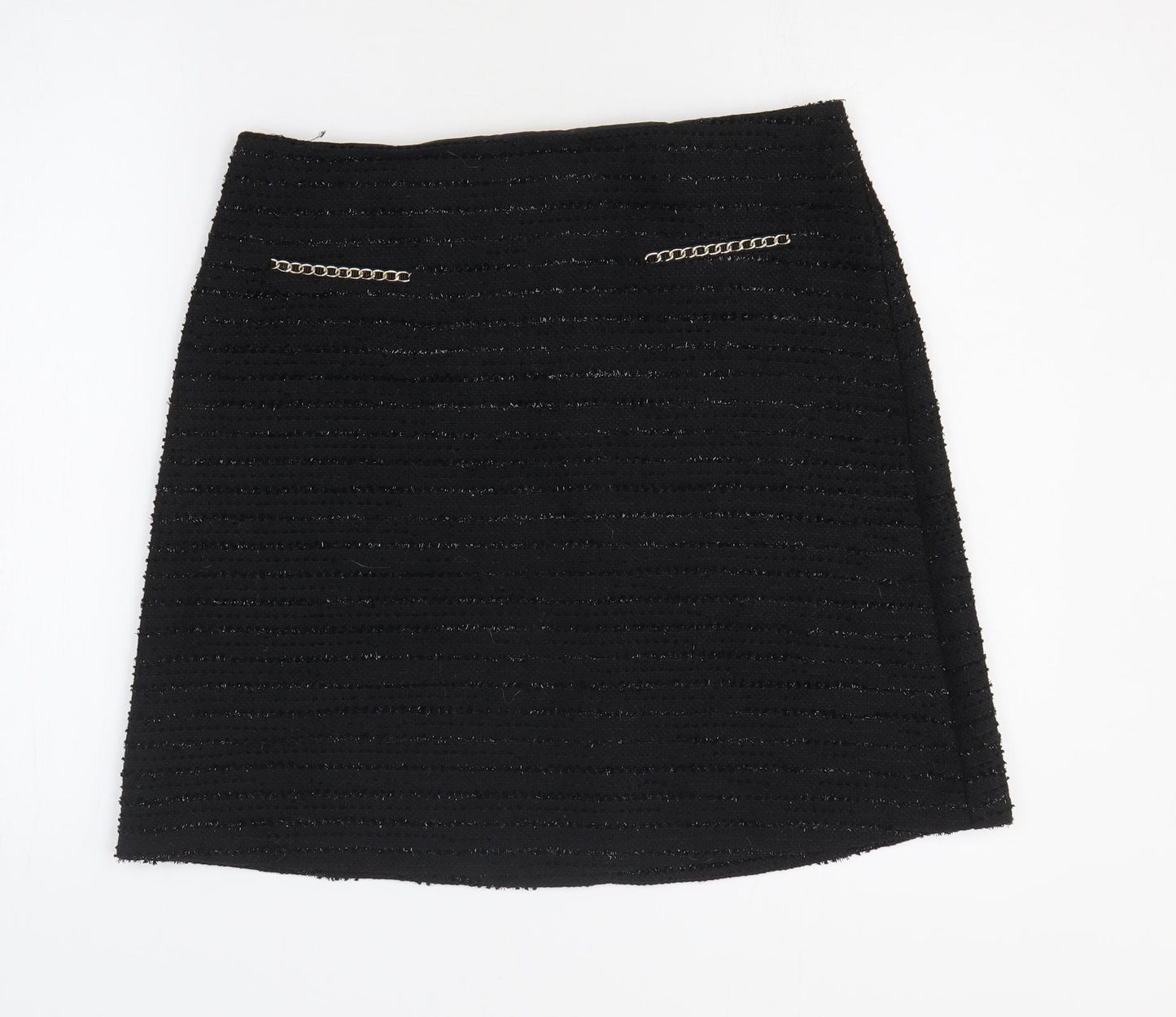 Preworn Womens Black Polyester A-Line Skirt Size 12 Zip - Chain Detail