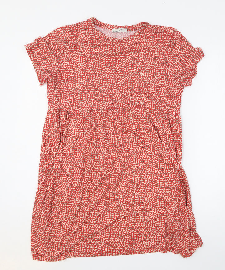 Pull&Bear Womens Red Floral Viscose Fit & Flare Size L Round Neck Pullover