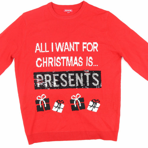 Festive fun Womens Red Round Neck Geometric Acrylic Pullover Jumper Size 12 - All I want for Christmas is Presents