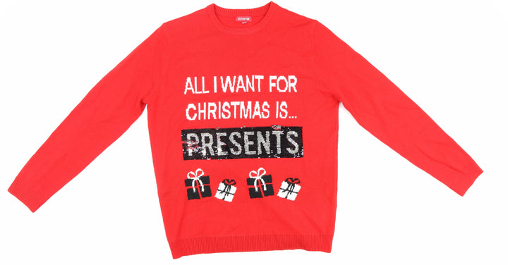 Festive fun Womens Red Round Neck Geometric Acrylic Pullover Jumper Size 12 - All I want for Christmas is Presents