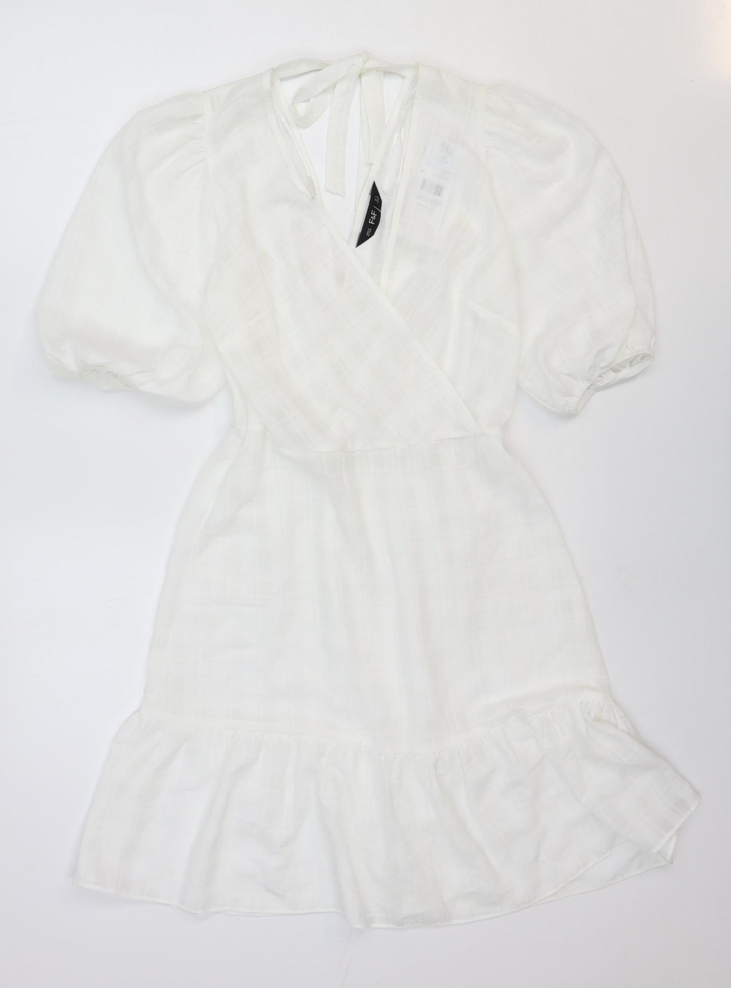 F&F Womens White Polyester Skater Dress Size 6 V-Neck Tie