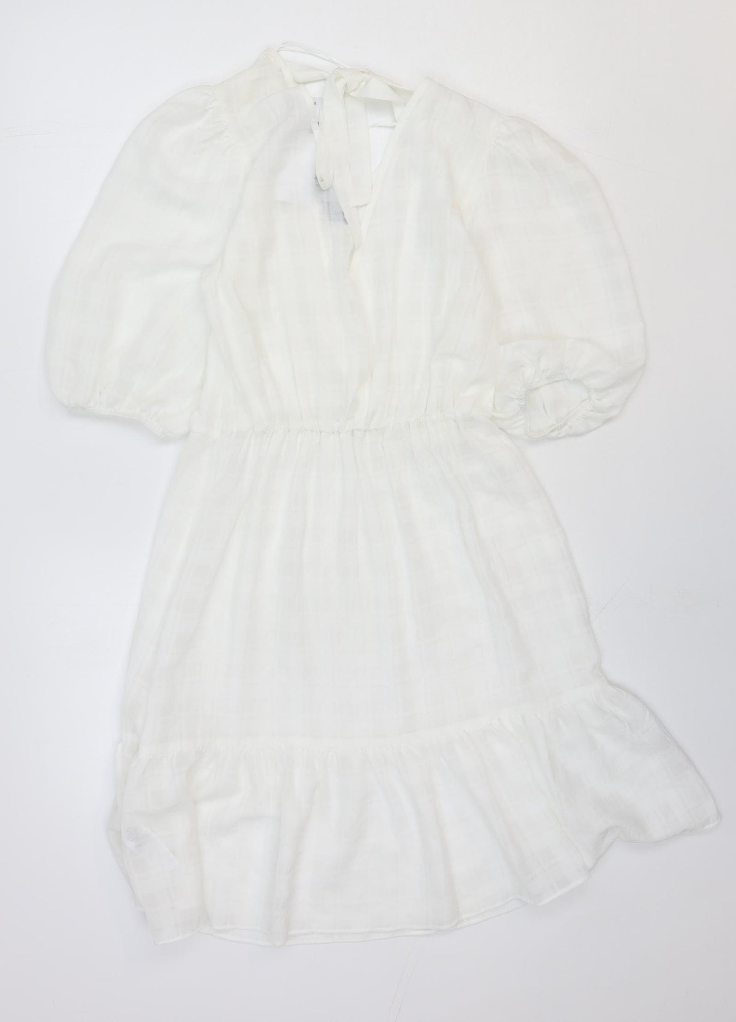 F&F Womens White Polyester Skater Dress Size 6 V-Neck Tie