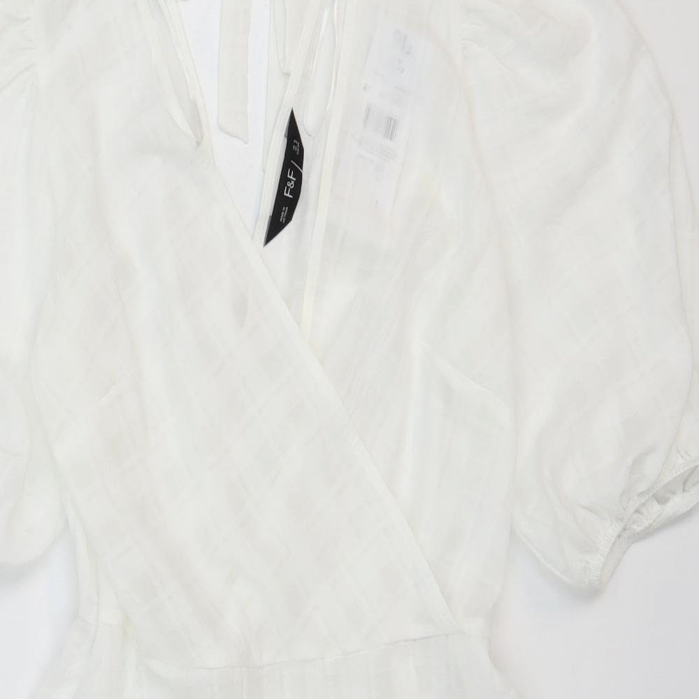 F&F Womens White Polyester Skater Dress Size 6 V-Neck Tie