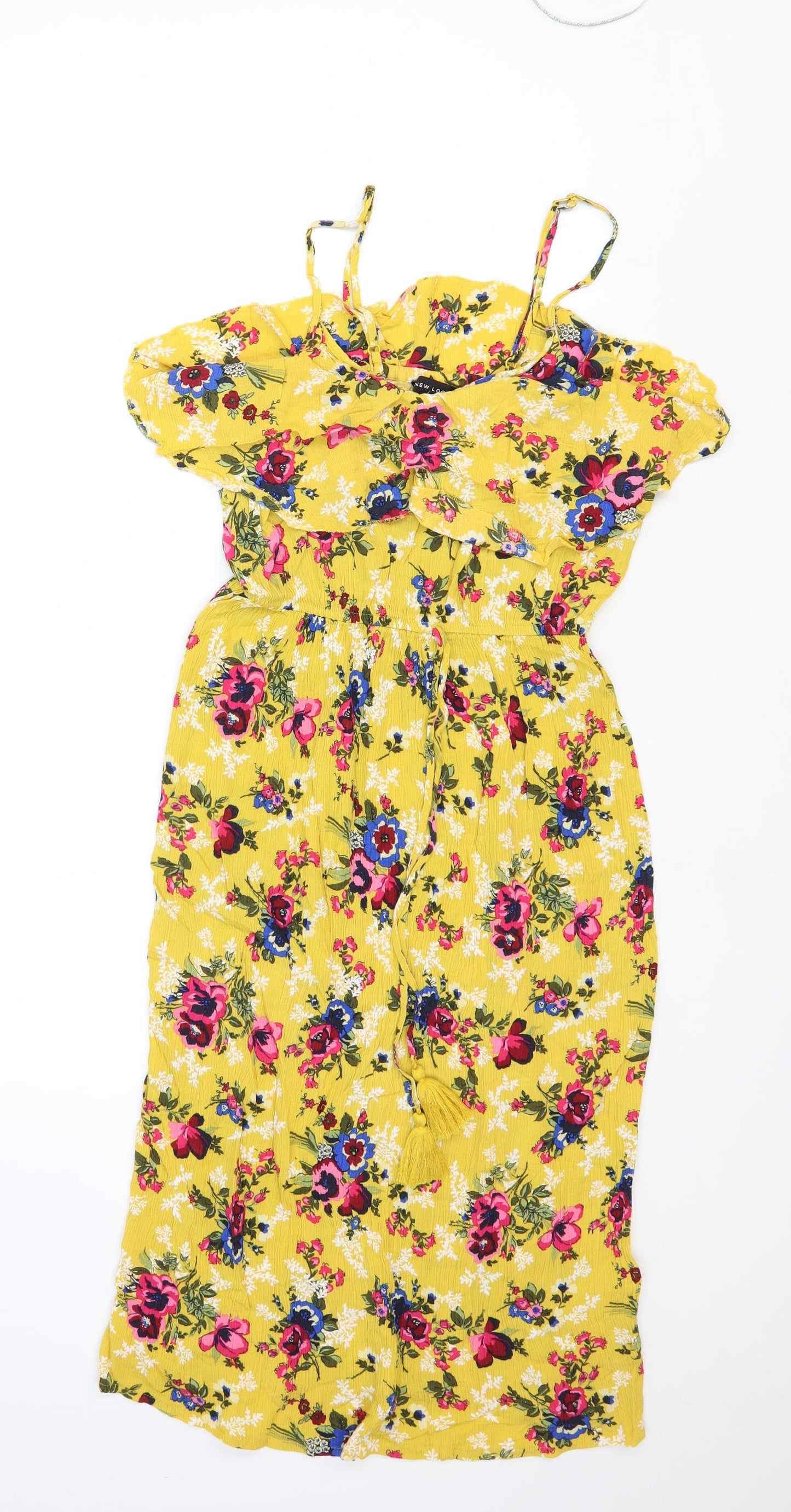 New Look Womens Yellow Floral Viscose Fit & Flare Size 10 Off the Shoulder Pullover