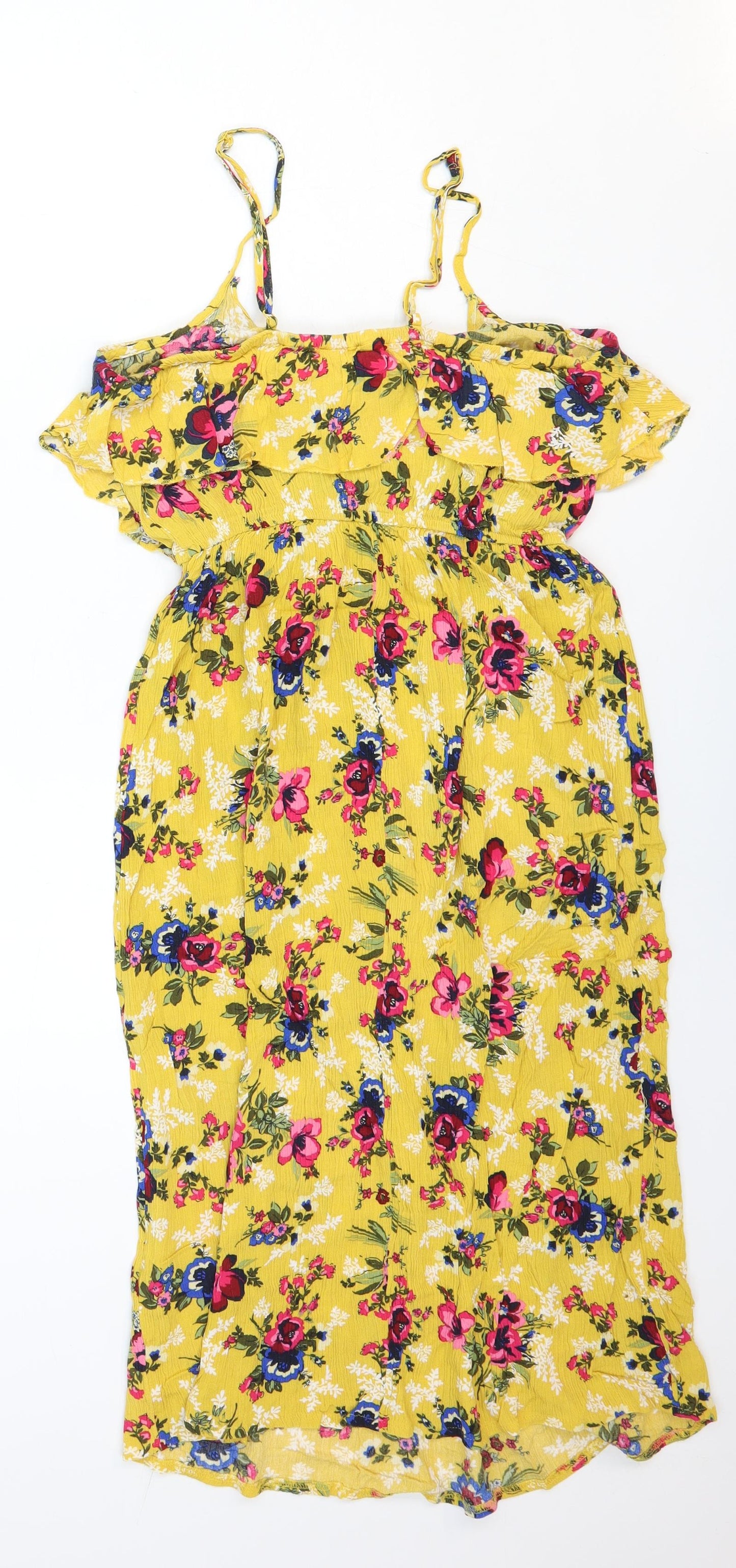 New Look Womens Yellow Floral Viscose Fit & Flare Size 10 Off the Shoulder Pullover