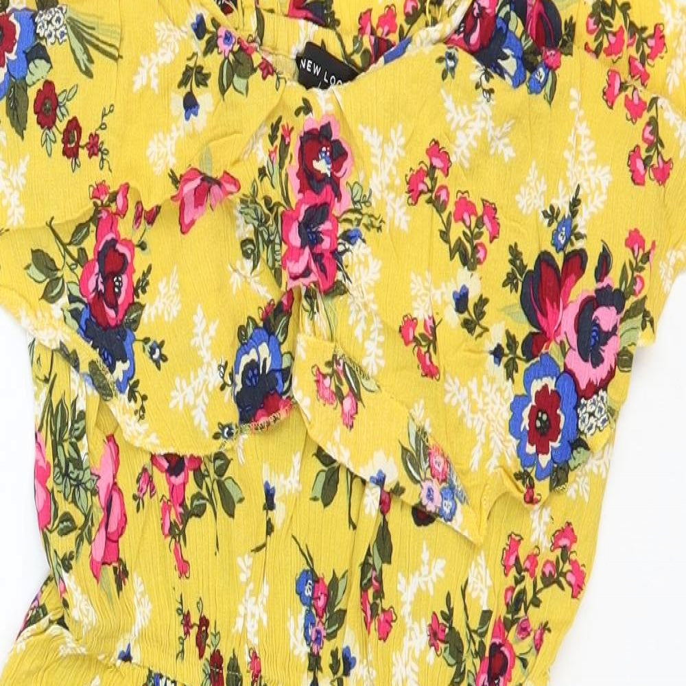 New Look Womens Yellow Floral Viscose Fit & Flare Size 10 Off the Shoulder Pullover