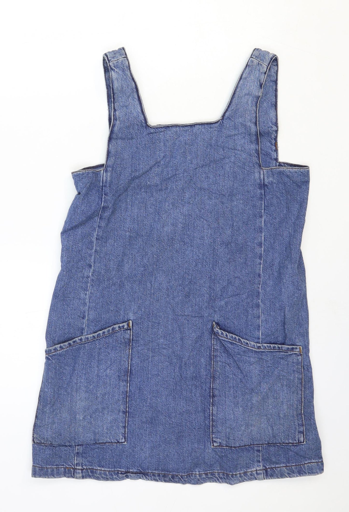 Topshop Womens Blue Cotton Pinafore/Dungaree Dress Size 10 Square Neck Pullover